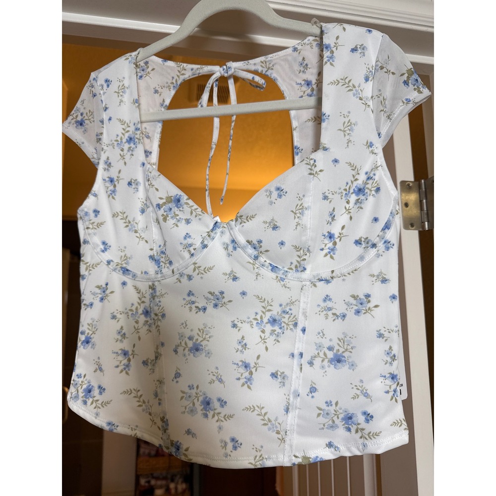 Madden Girl Floral Corset Top White Blue Mesh Sweetheart Neck Tie Back Large NEW - Picture 2 of 8